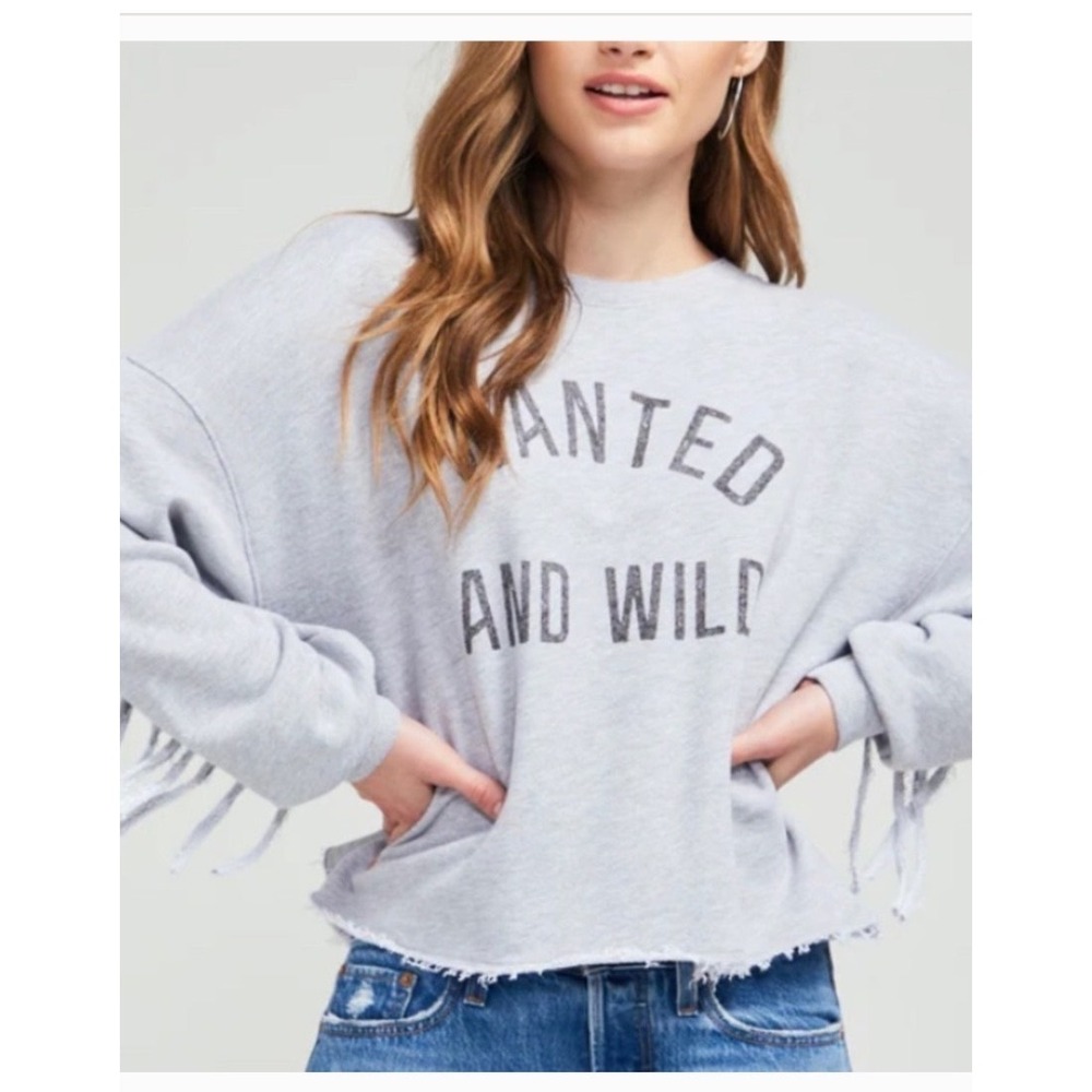 Wildfox Wanted and Wild Fringe Sweatshirt Gray Graphic Raw Hem Boho XL